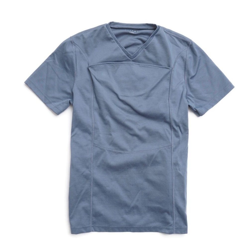 Lalabu Mens Dad Shirt Size Large Babywearing Brook Blue V Neck Polyester Blend